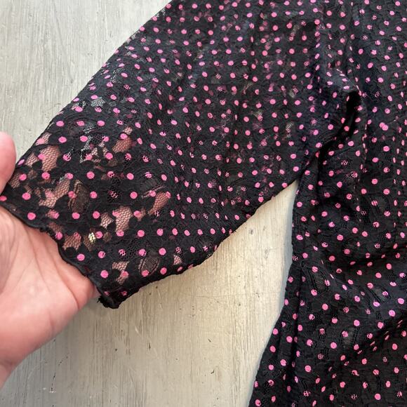 NWT Laura Ashley Black Pink Polka Dot Lace Ruffle Front Shirt Blouse Sz 2X - Picture 3 of 8